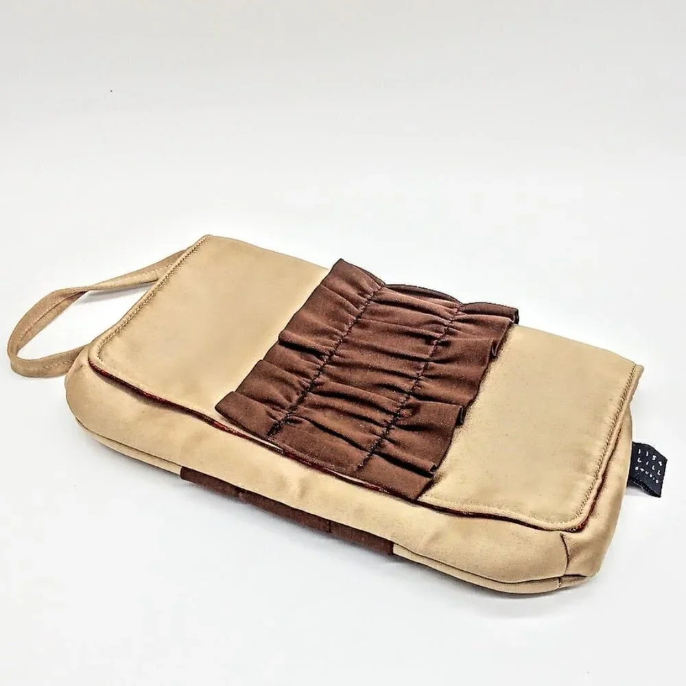 1154 Lill Studio Tan Brown Ruffle Trim Silk Wristlet Clutch Bag